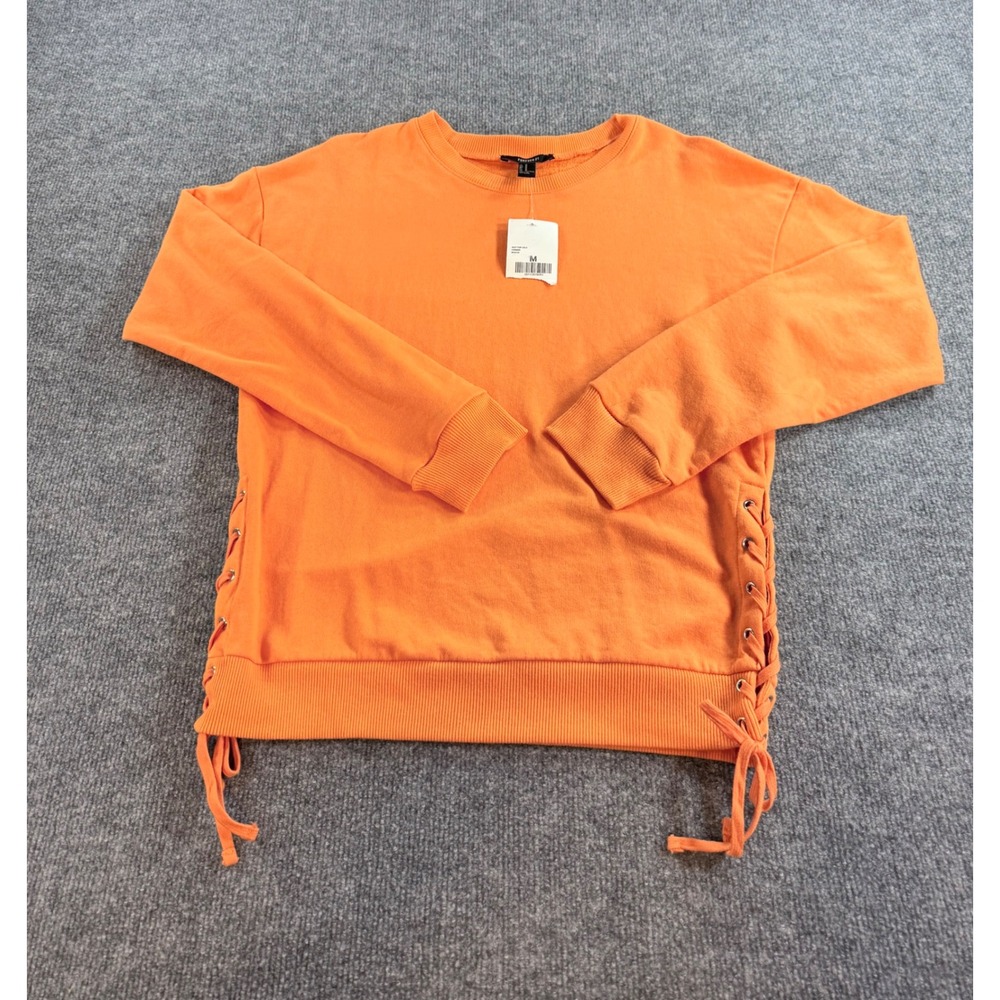 Forever 21 NWT Womens Orange Lace Up Side Knit Sweatshirt Crew Neck Medium